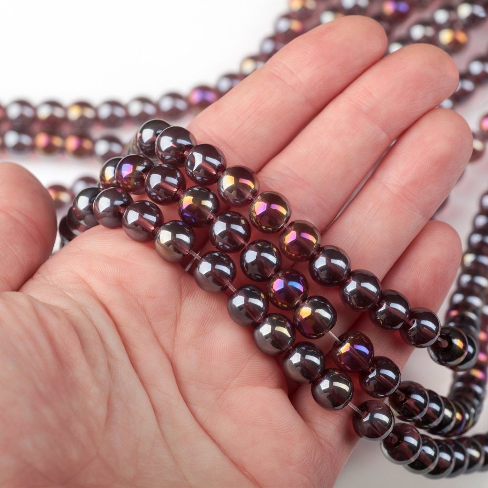 бусина, стекло 8, цвет сливовый радужный, 8 мм