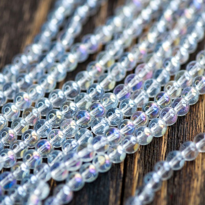 бусина, стекло 6, цвет прозрачный радужный, 6 мм