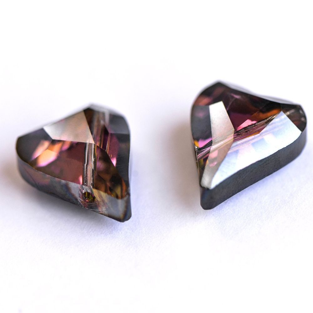 бусина, стекло, "сердечко", граненая, цвет фиолетовый радужный, 17x14x8 мм