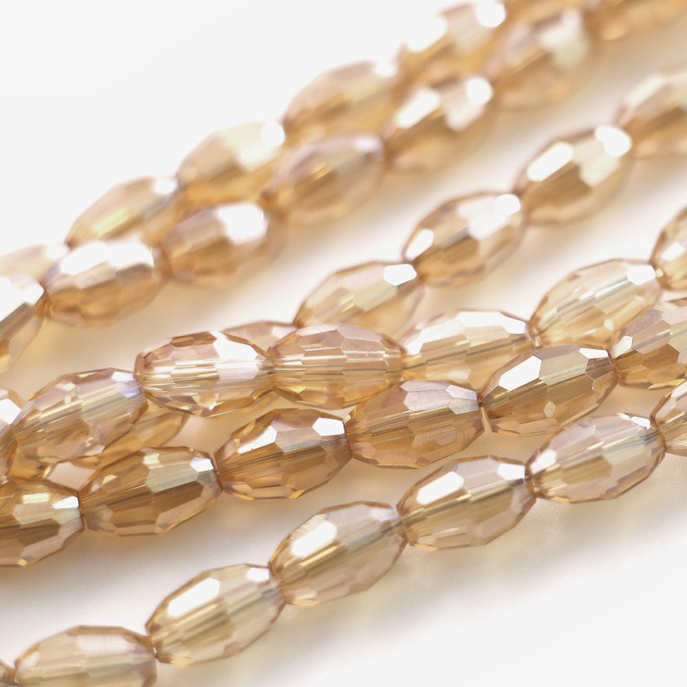 бусина, стекло овальная, граненая, цвет бежевый перламутровый, 6х4 мм