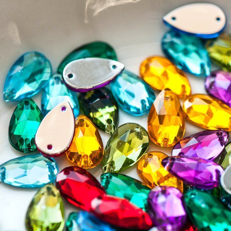 стразы пришивные "грани", акрил, каплевидные, цветовой микс, 13х8х3.5
