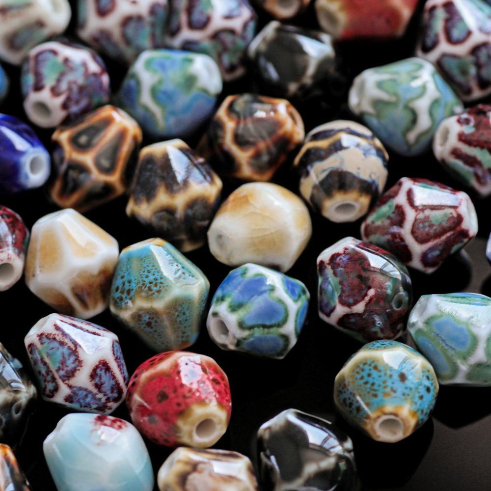 бусина, керамика "антик", биконус граненая. цветовой микс, 11.5x10 мм 