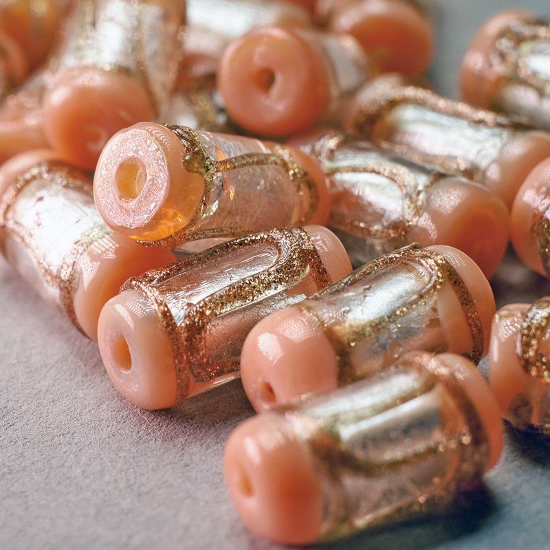 бусина, стекло с фольгой, "ролик", цвет айвори, 16x8-9 мм