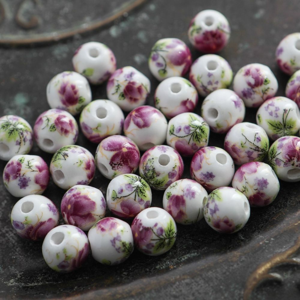 бусина, керамика "букет", цвет белый/малиновый, 10 мм