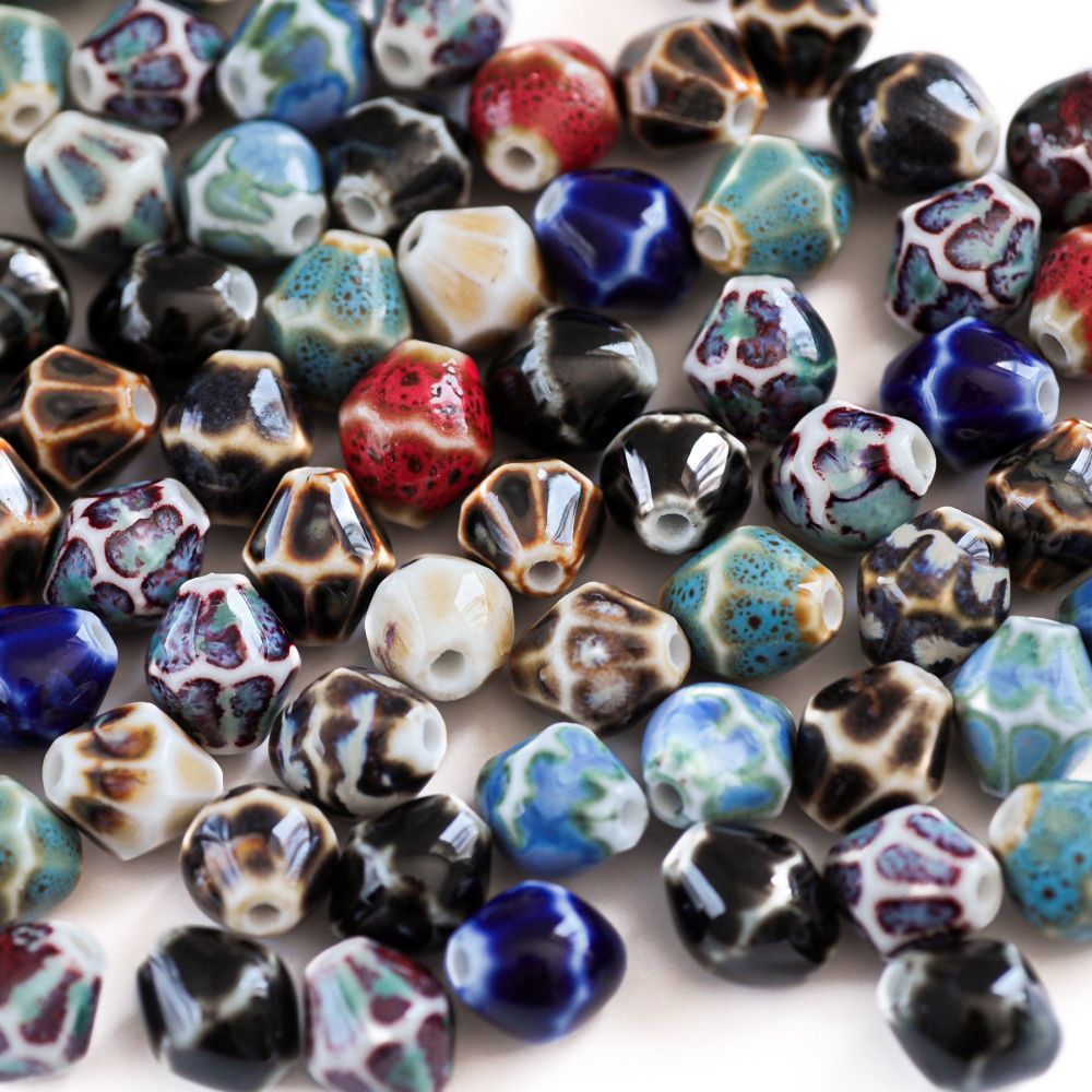 бусина, керамика "антик", биконус граненая. цветовой микс, 11.5x10 мм 