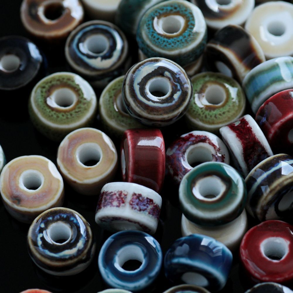 бусина, керамика "антик", диск, цветовой микс, 9.5-10x6 мм