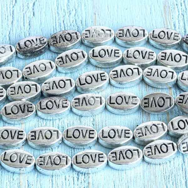 бусина, металл "love", цвет античное серебро, 10x6x4 мм