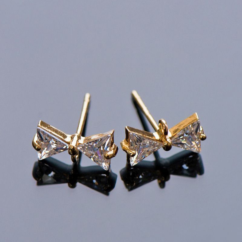 пуссеты "бантик", с цирконием, позолоченные, 12.5x6 мм 