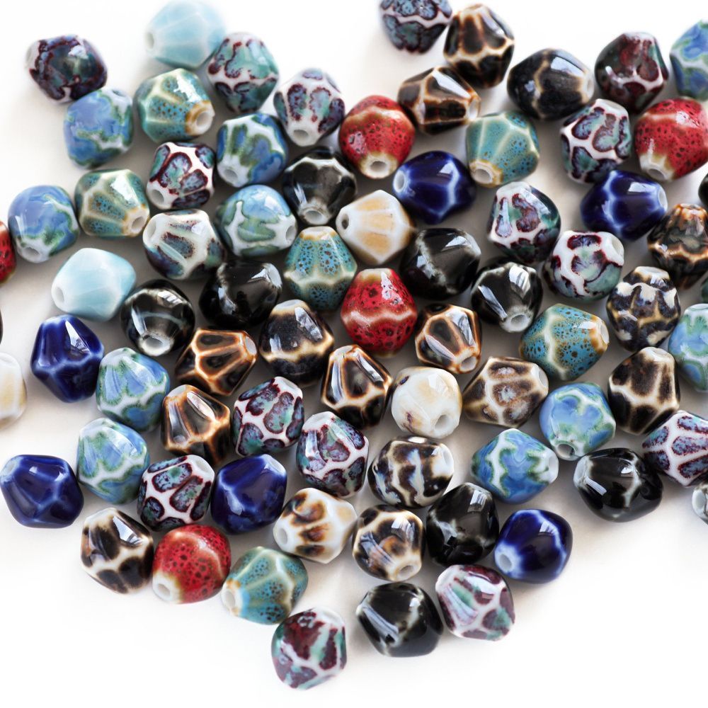 бусина, керамика "антик", биконус граненая. цветовой микс, 11.5x10 мм 