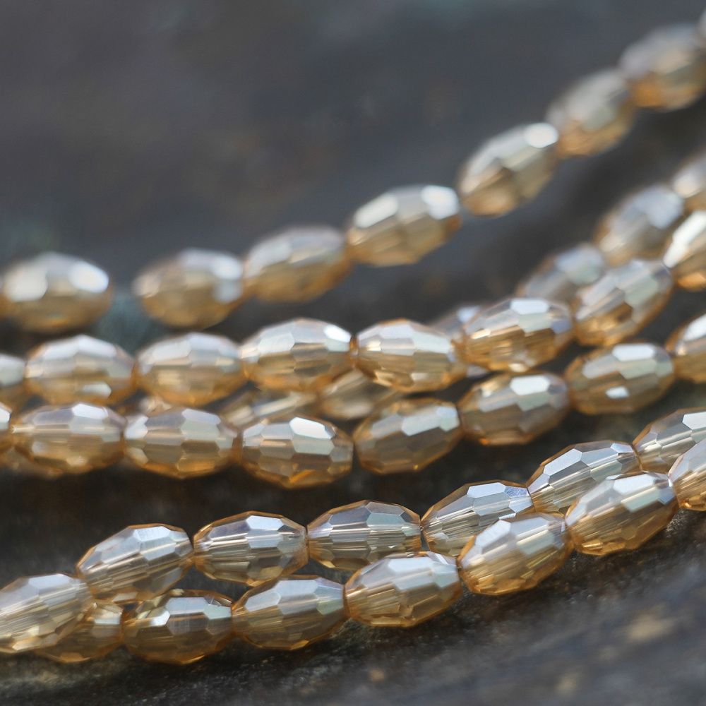 бусина, стекло овальная, граненая, цвет бежевый перламутровый, 6х4 мм