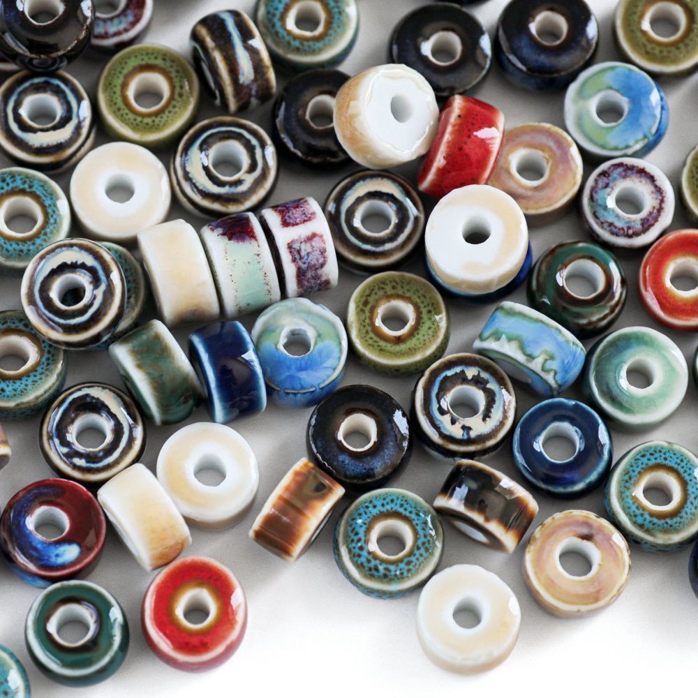 бусина, керамика "антик", диск, цветовой микс, 9.5-10x6 мм