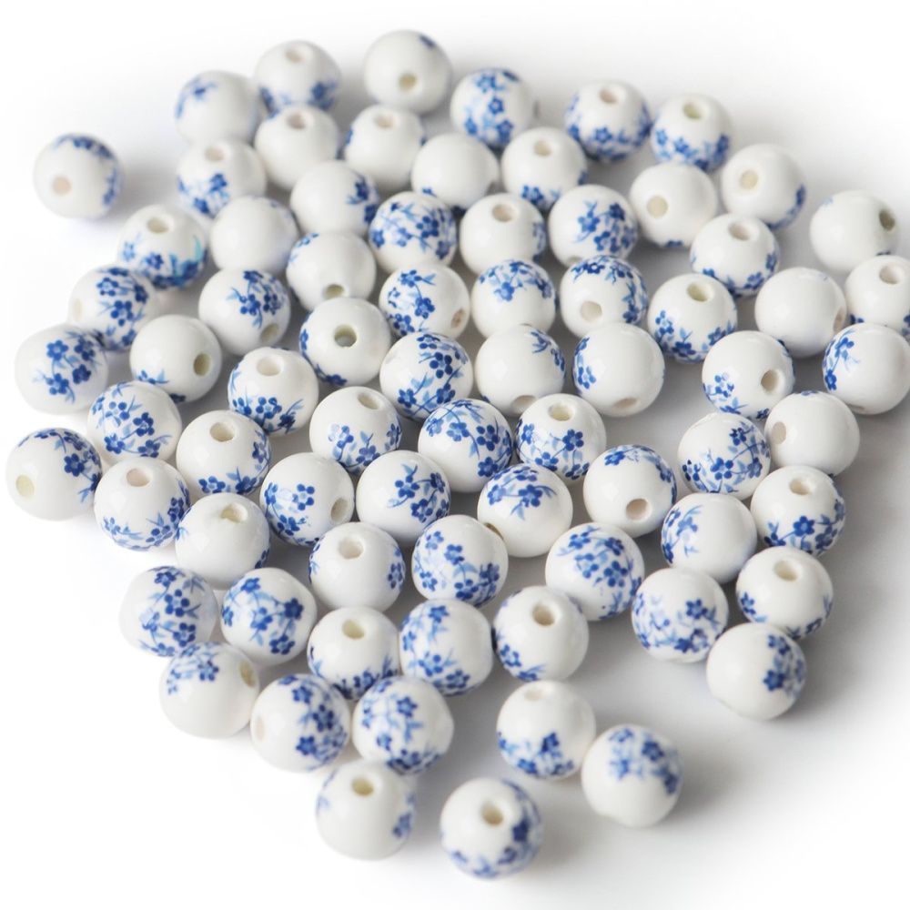 бусина, керамика "сакура", цвет бело-синий, 8 мм