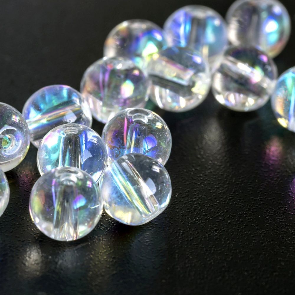 бусина, стекло 6, цвет прозрачный/бензиновый, 6 мм