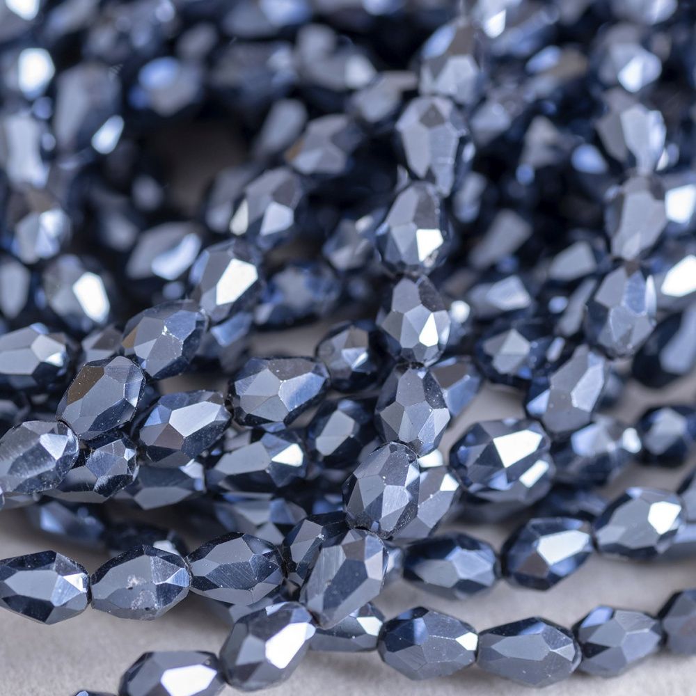 бусина "капля", граненая, стекло, цвет черный радужный, 6х4 мм