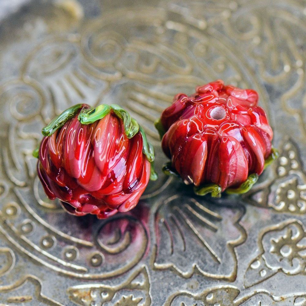 бусина, мурано "хризантема", фигурная, красно-оранжевый, 20х19мм