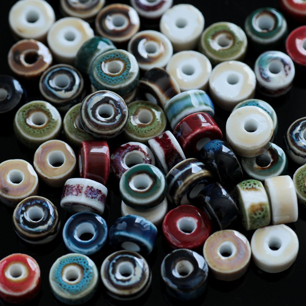 бусина, керамика "антик", диск, цветовой микс, 9.5-10x6 мм