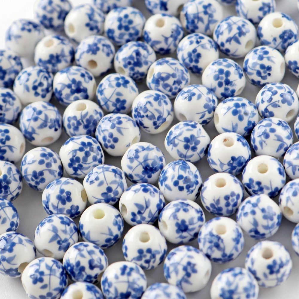 бусина, керамика "сакура", цвет бело-синий, 8 мм, крупный принт