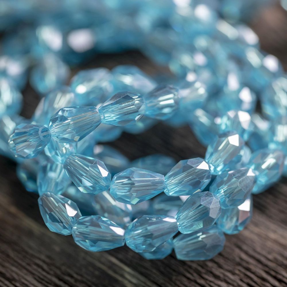 бусина "капля", граненая, стекло, цвет светло-бирюзовый радужный, 6х4 мм