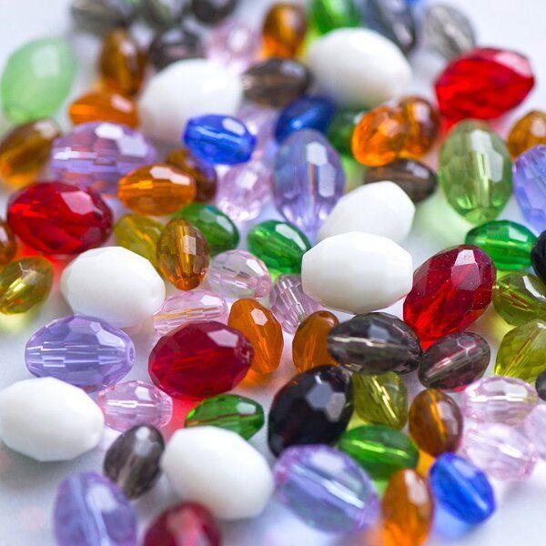 бусина, стекло овальная, граненая, цветовой микс, размер 10-16х6-10 мм