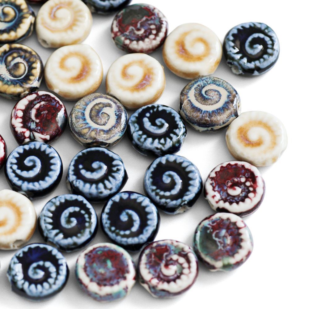 бусина, керамика "антик", ракушка аммонит. цветовой микс, 16-17x6.5-7 мм 