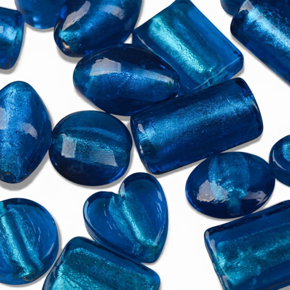 бусина, стекло с фольгой, цвет синий, размерный микс