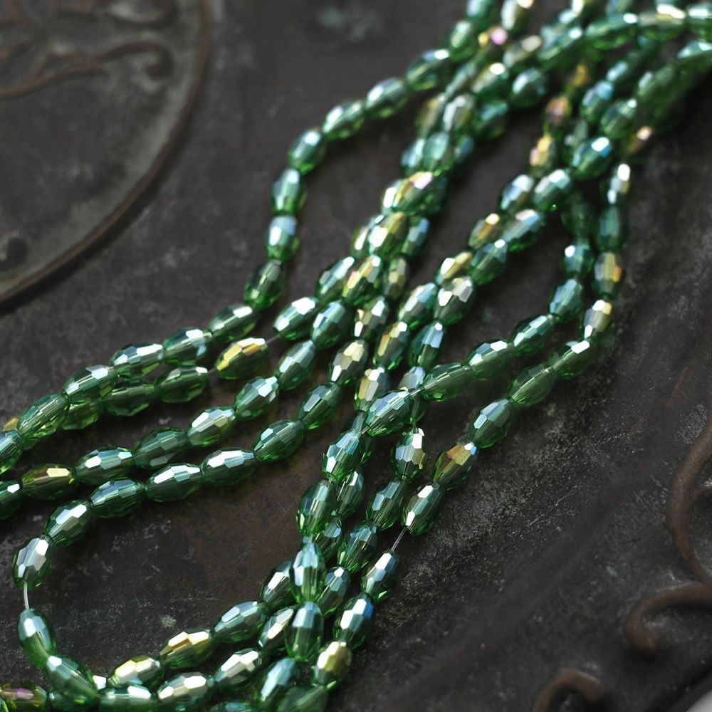 бусина, стекло овальная, граненая, цвет зеленый ав, 6х4 мм