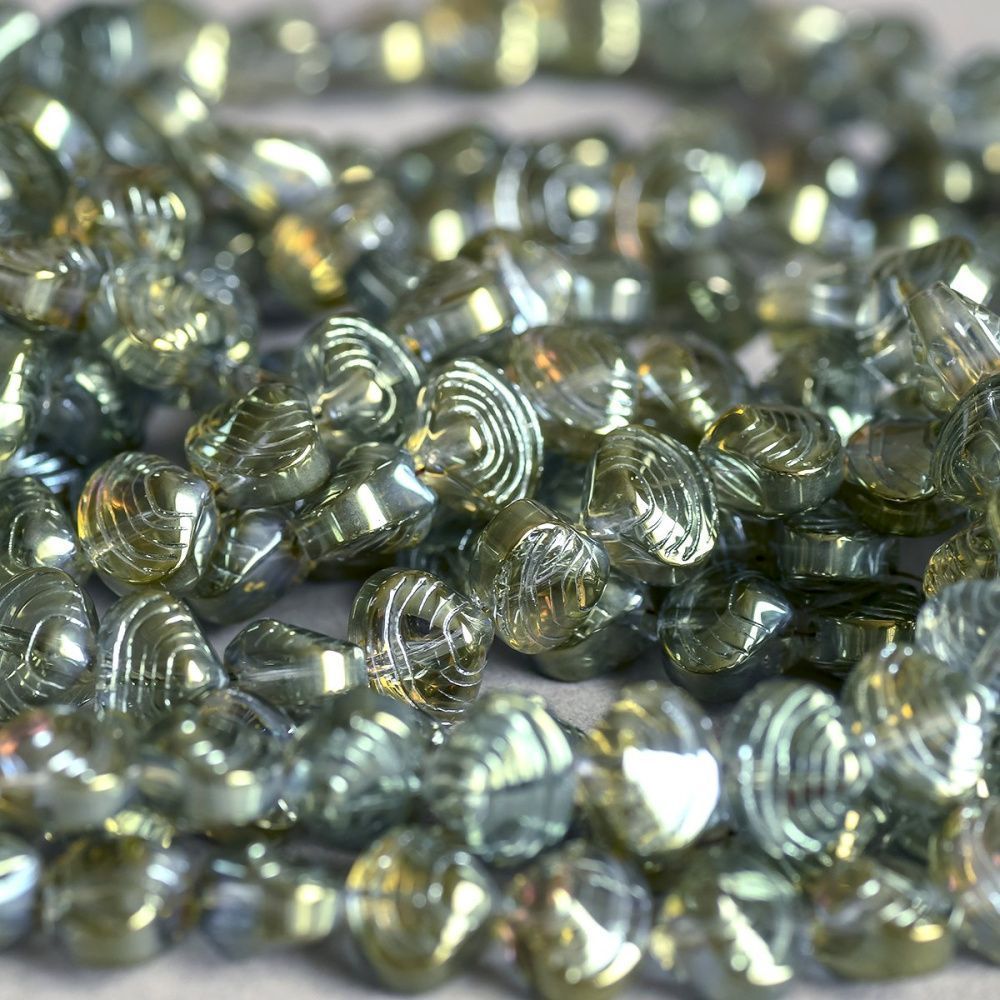 бусина "ракушка", стекло, цвет хаки зеркальный, 9.5x8x7 мм