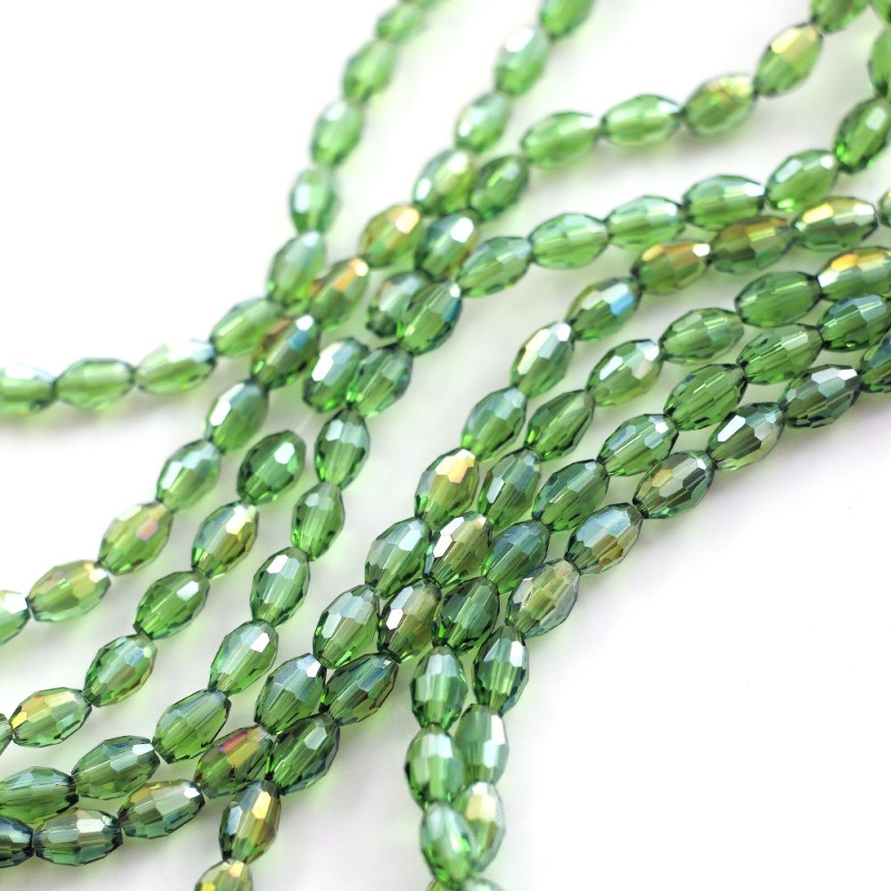 бусина, стекло овальная, граненая, цвет зеленый ав, 6х4 мм