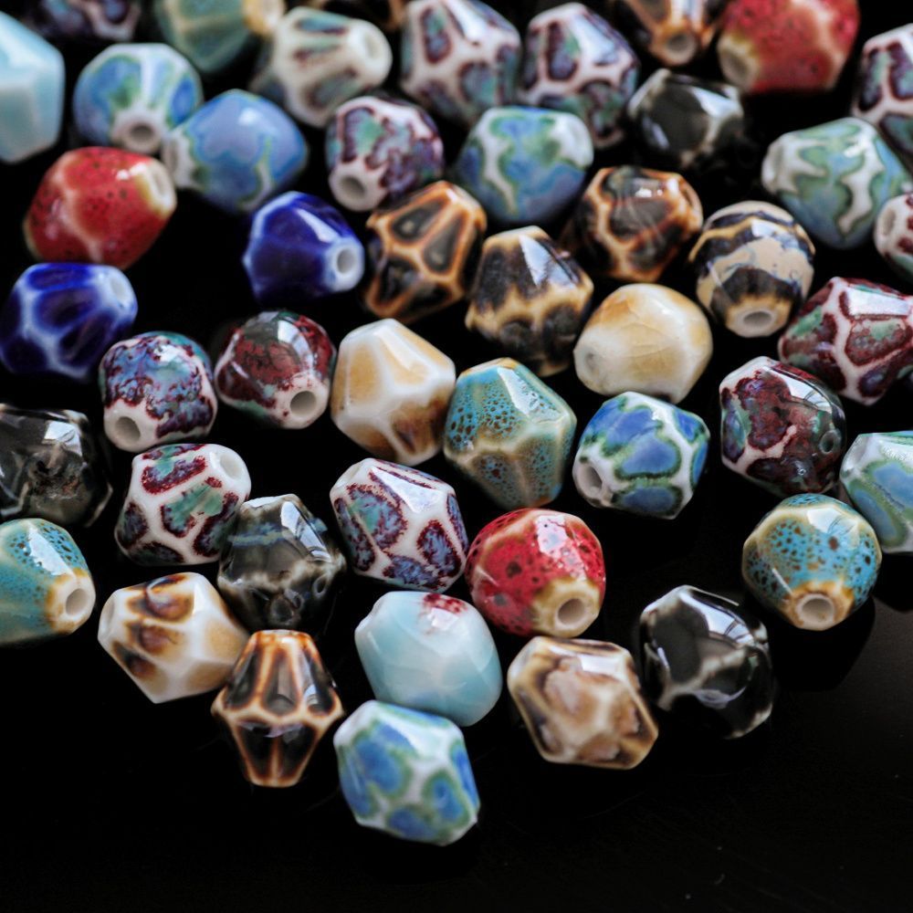 бусина, керамика "антик", биконус граненая. цветовой микс, 11.5x10 мм 