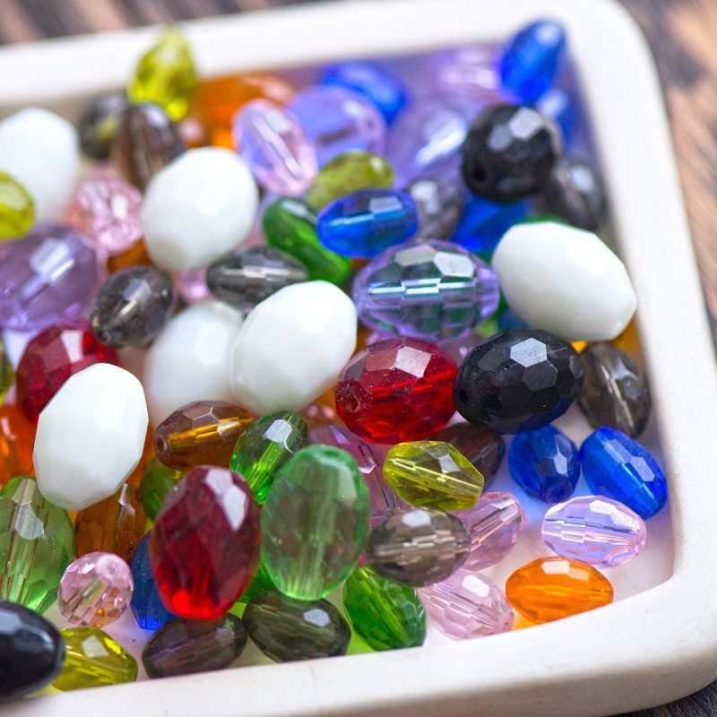 бусина, стекло овальная, граненая, цветовой микс, размер 10-16х6-10 мм