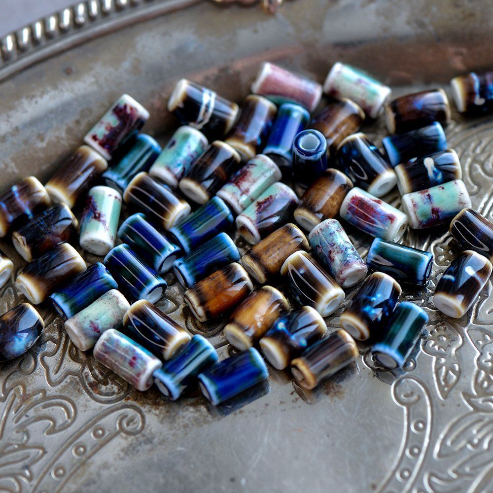 бусина, керамика "колонна-антик", цветовой микс, 10.5х6 мм