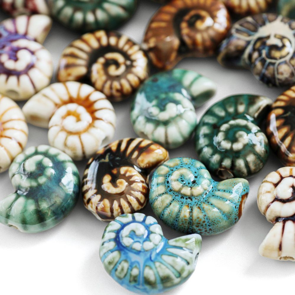 бусина, керамика "антик", ракушка. цветовой микс, 20-21x16-17x9-10.5 мм 