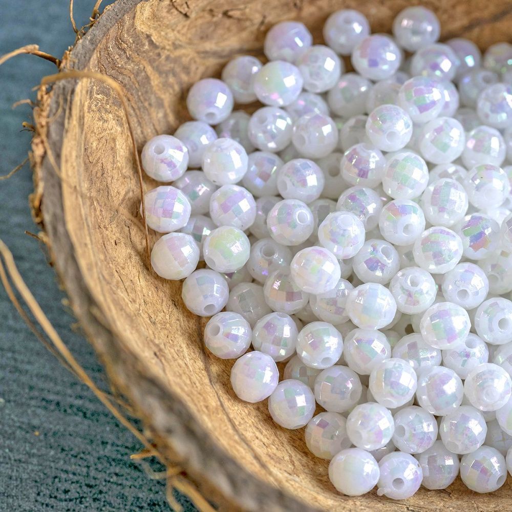 бусина, акрил 6, граненая, цвет белый радужный, 6 мм