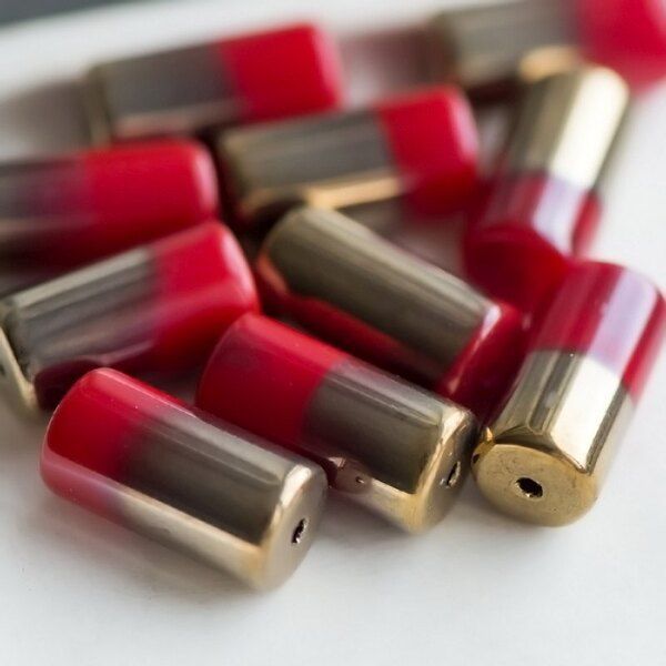 (им)бусина, стекло, "туба", цвет красный/зеркальный, 20x10 мм