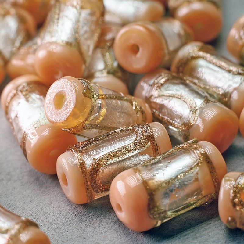 бусина, стекло с фольгой, "ролик", цвет айвори, 16x8-9 мм