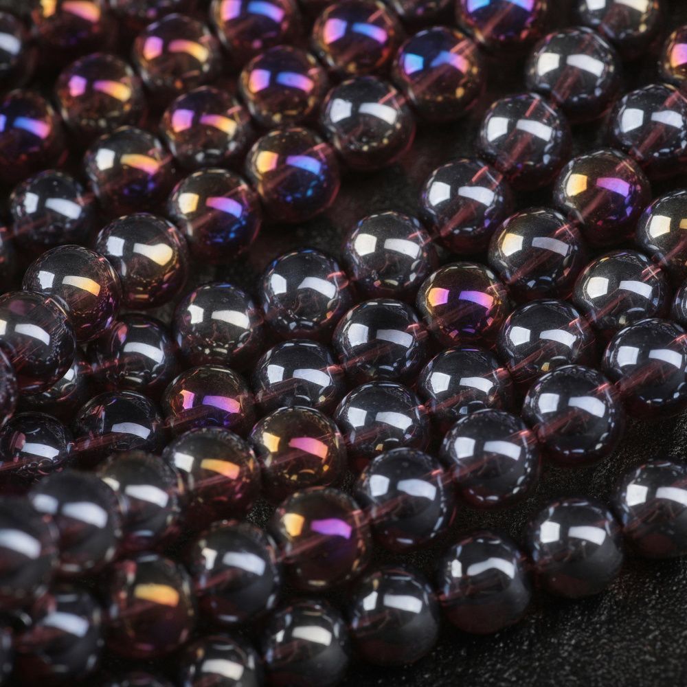 бусина, стекло 8, цвет сливовый радужный, 8 мм