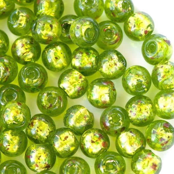 бусина, стекло с фольгой,  цвет желто-зеленый, 12 мм