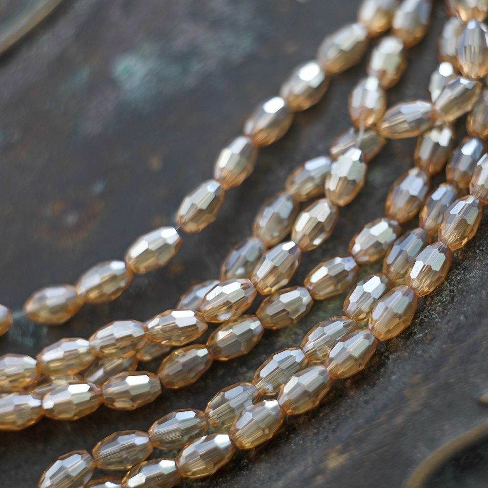 бусина, стекло овальная, граненая, цвет бежевый перламутровый, 6х4 мм