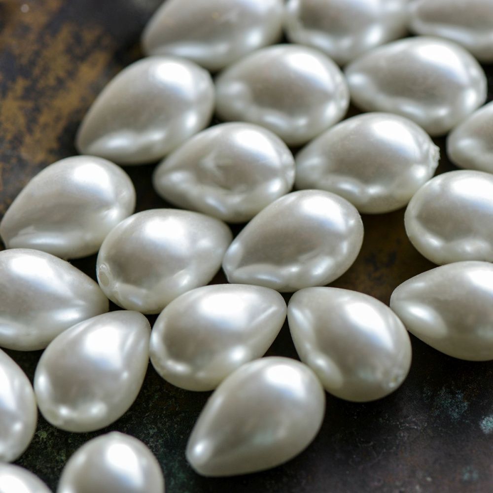 бусина, имитация жемчуга "капля", стекло, цвет белый, 13х9 мм