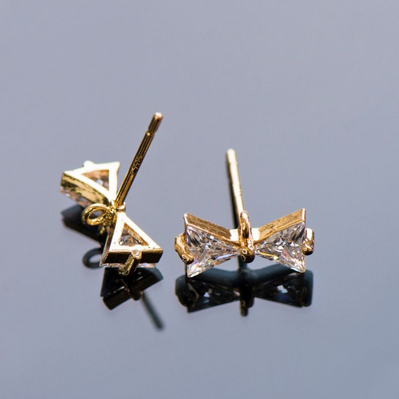 пуссеты "бантик", с цирконием, позолоченные, 12.5x6 мм 