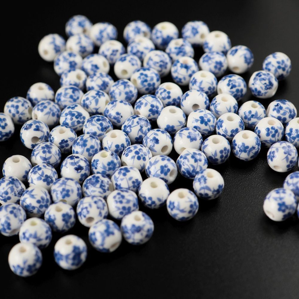 бусина, керамика "сакура", цвет бело-синий, 8 мм, крупный принт