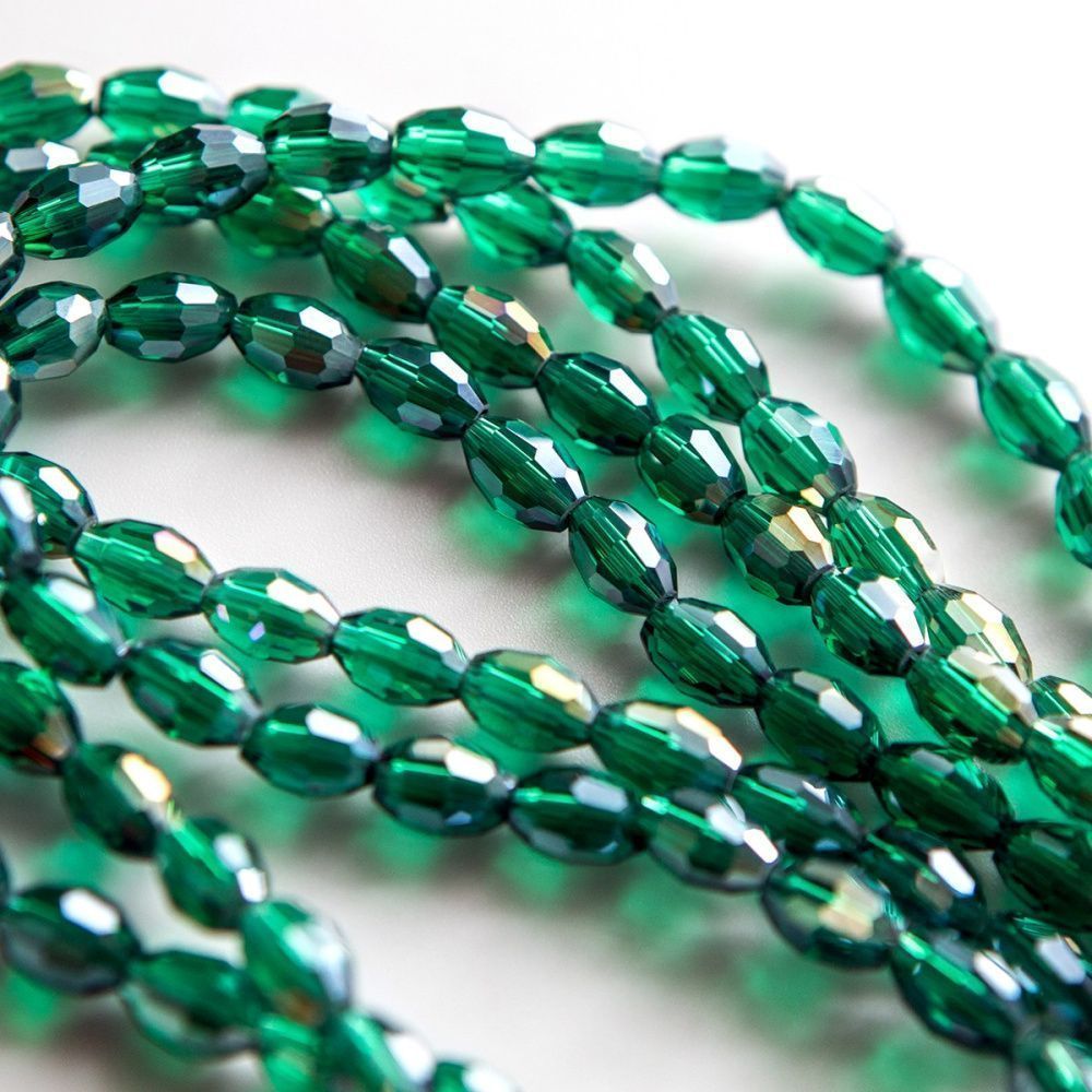 бусина, стекло овальная, граненая, цвет изумрудный ав, 8х6 мм