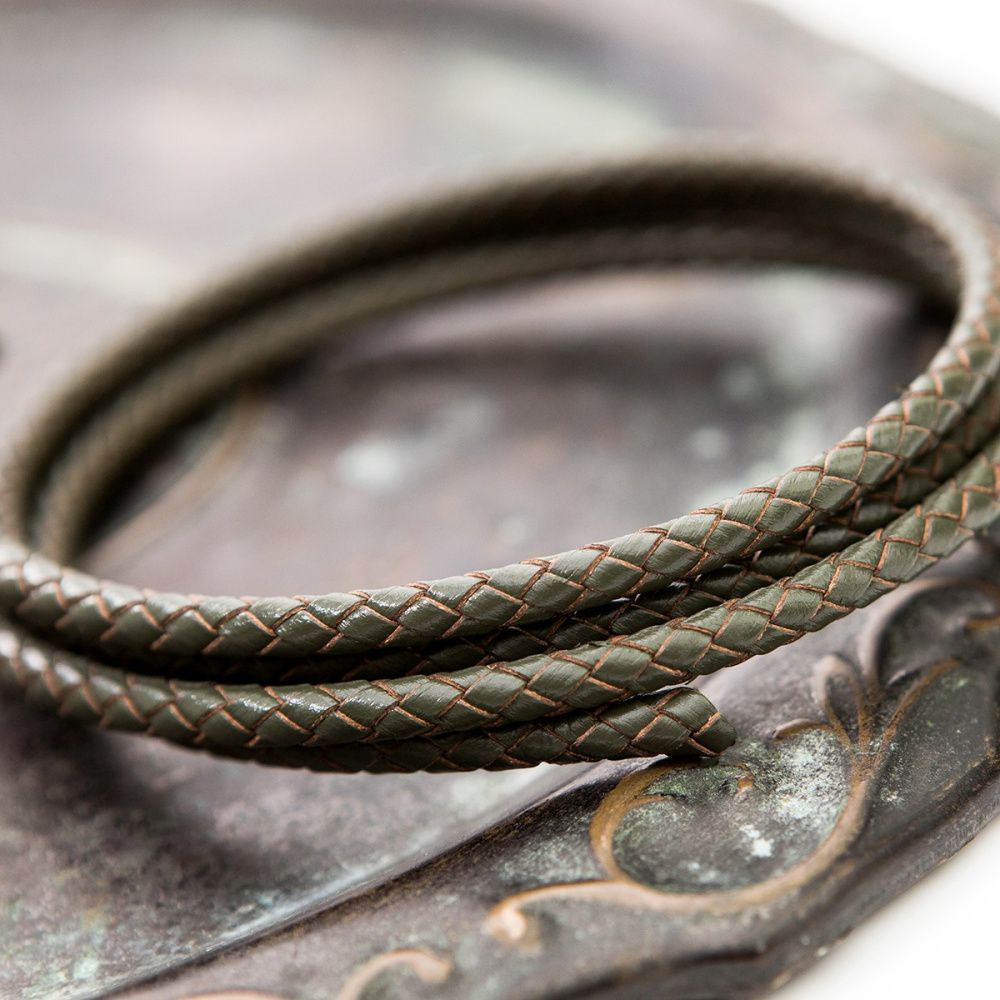 шнур кожаный круглый, плетеный, цвет оливковый темный, диаметр 5 мм