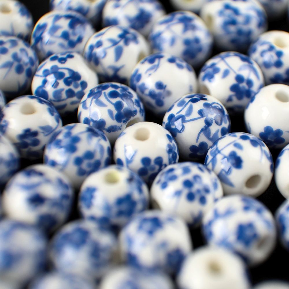 бусина, керамика "сакура", цвет бело-синий, 8 мм, крупный принт