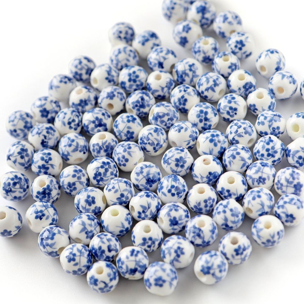 бусина, керамика "сакура", цвет бело-синий, 8 мм, крупный принт