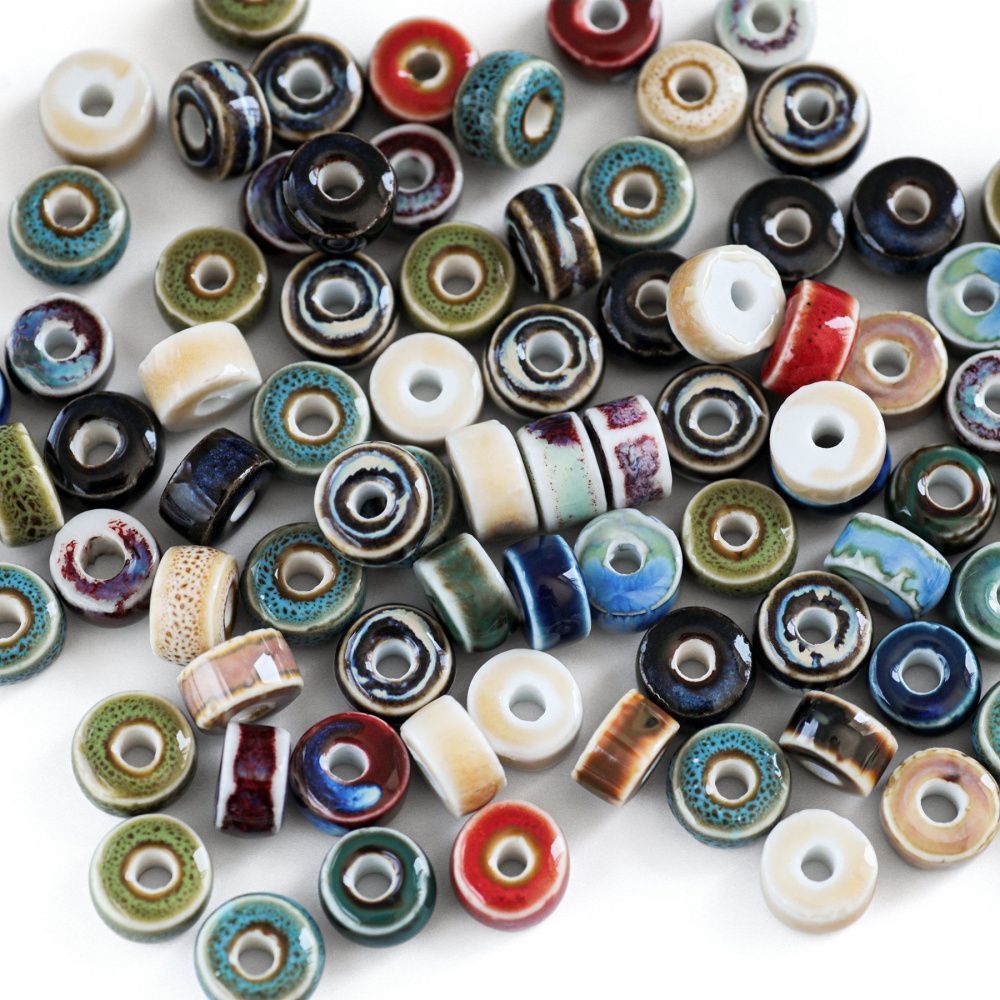 бусина, керамика "антик", диск, цветовой микс, 9.5-10x6 мм