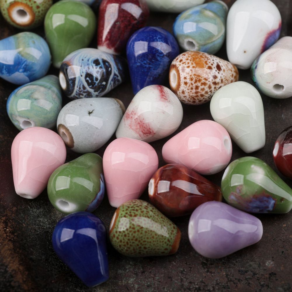 бусина, керамика "груша-антик", цветовой микс, 14-15.5x10.5-11.5 мм