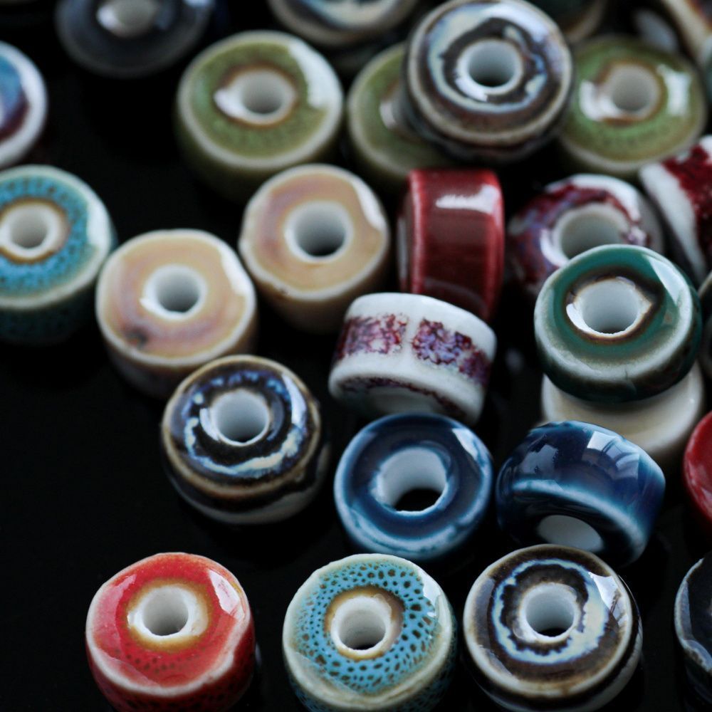 бусина, керамика "антик", диск, цветовой микс, 9.5-10x6 мм