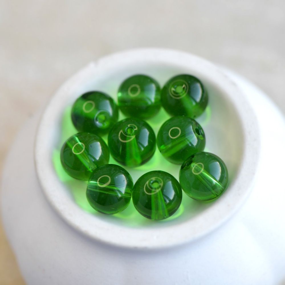 бусина, стекло 10, цвет зеленый лайм, 10 мм