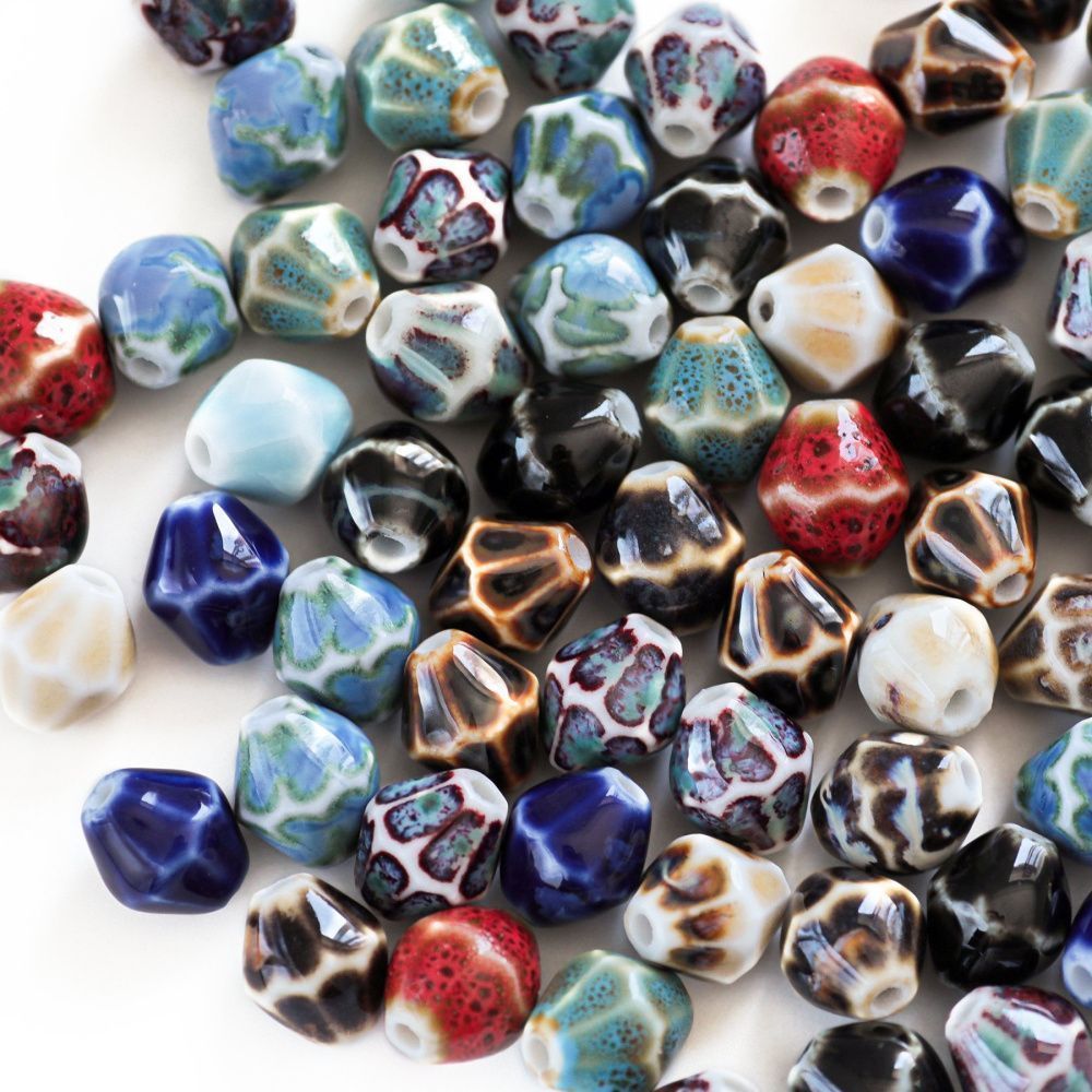 бусина, керамика "антик", биконус граненая. цветовой микс, 11.5x10 мм 